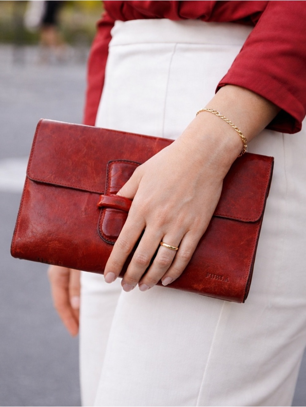 Vintage Furla Red Leather Clutch Made in Italy Authentic Designer Evening Bag